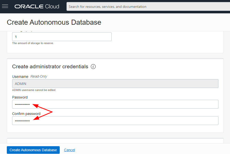 Alt text: Print da aba Create Autonomous Database do Oracle. Na seção Create administrator credentials, as opções Password e Confirm Password estão preenchidas com uma senha em pontos para visualização. Existem duas setas vermelhas de mesma origem que apontam para Password e Confirm Password.