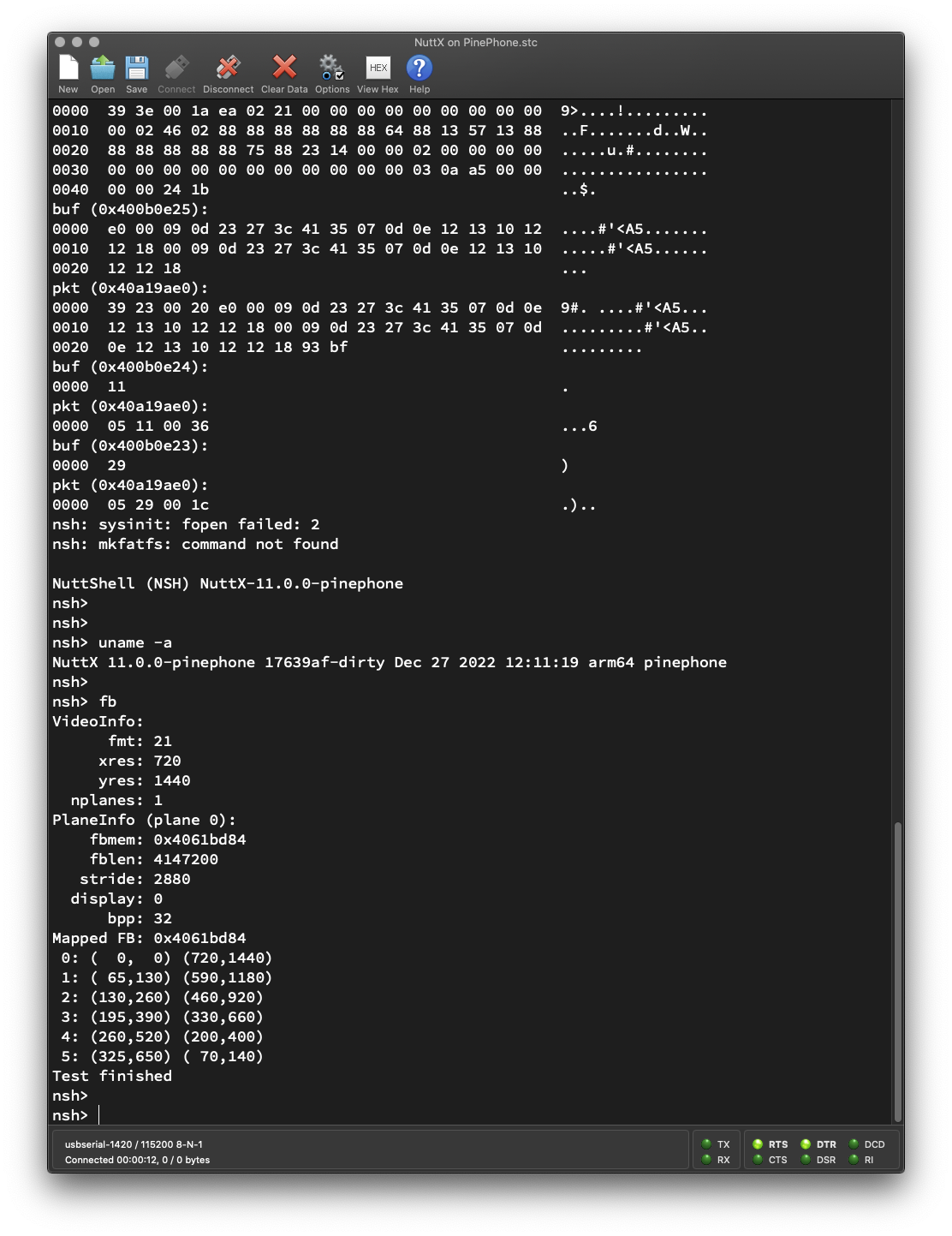 Testing our PinePhone LCD Driver with a Framebuffer App on Apache NuttX RTOS