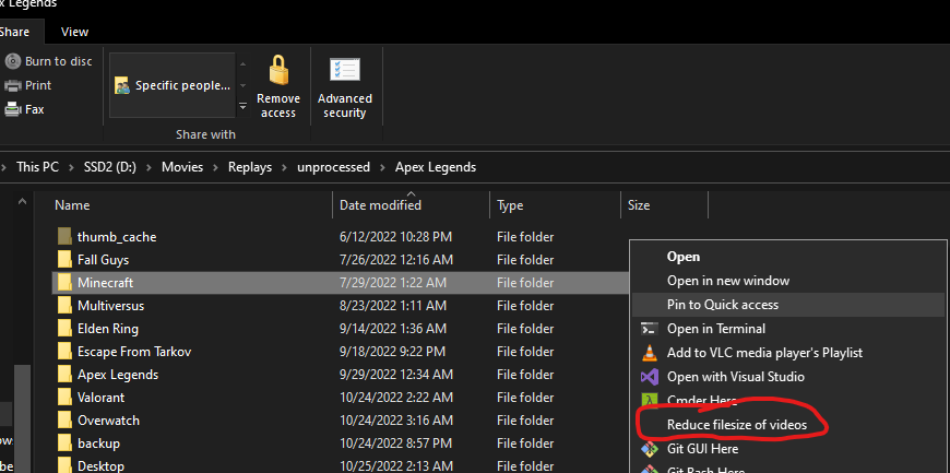 example picture with right click context menu and "reduce filesize of videos" circled