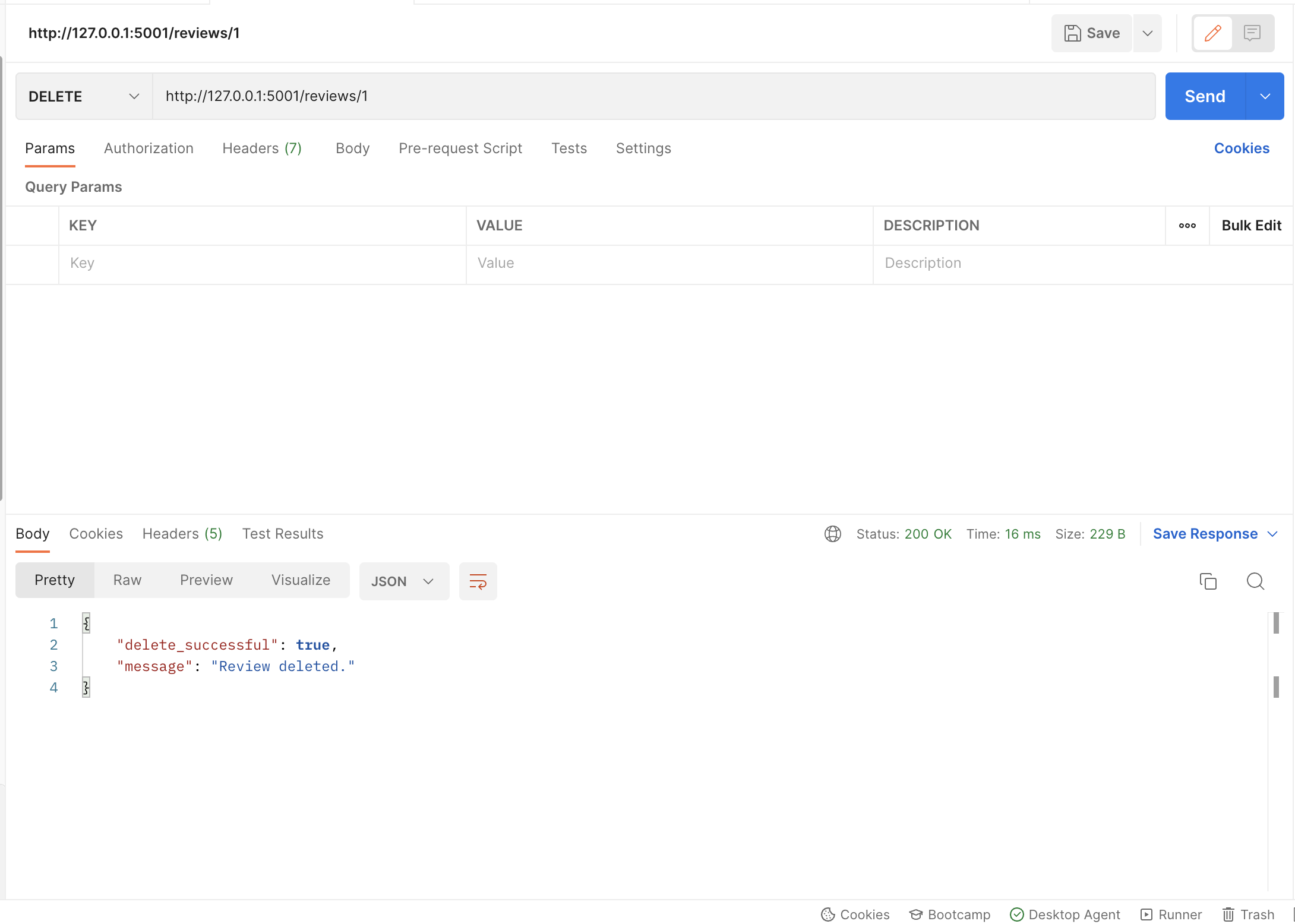 DELETE request Postman for reviews/1 on localhost server with JSON response
