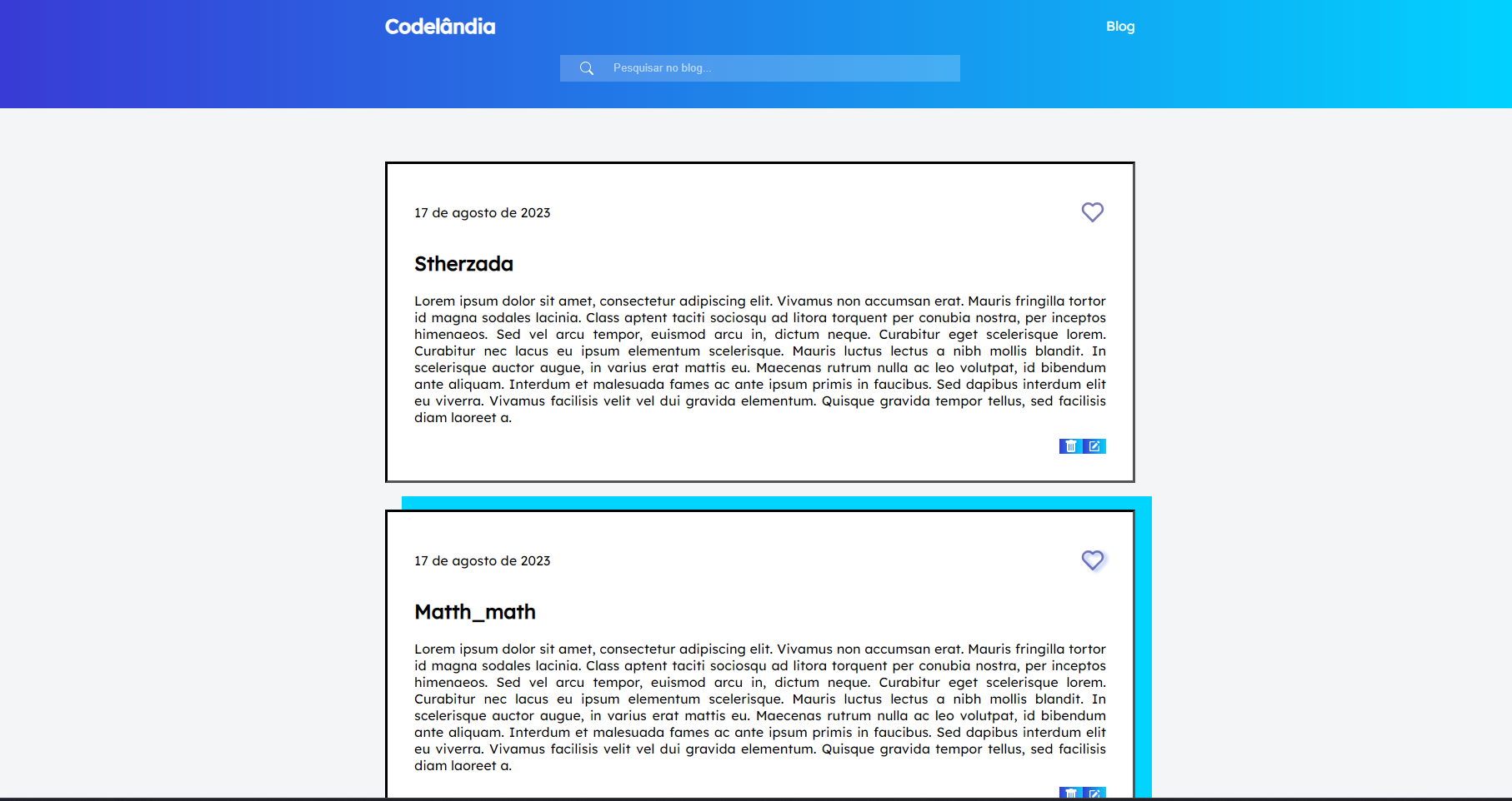 imagem do site, com um titulo chamado codelândia e algumas simulações de post