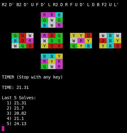 Shows a random scramble and timer working.