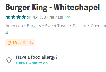 A lonely number 4 displayed on Burger King's Deliveroo page