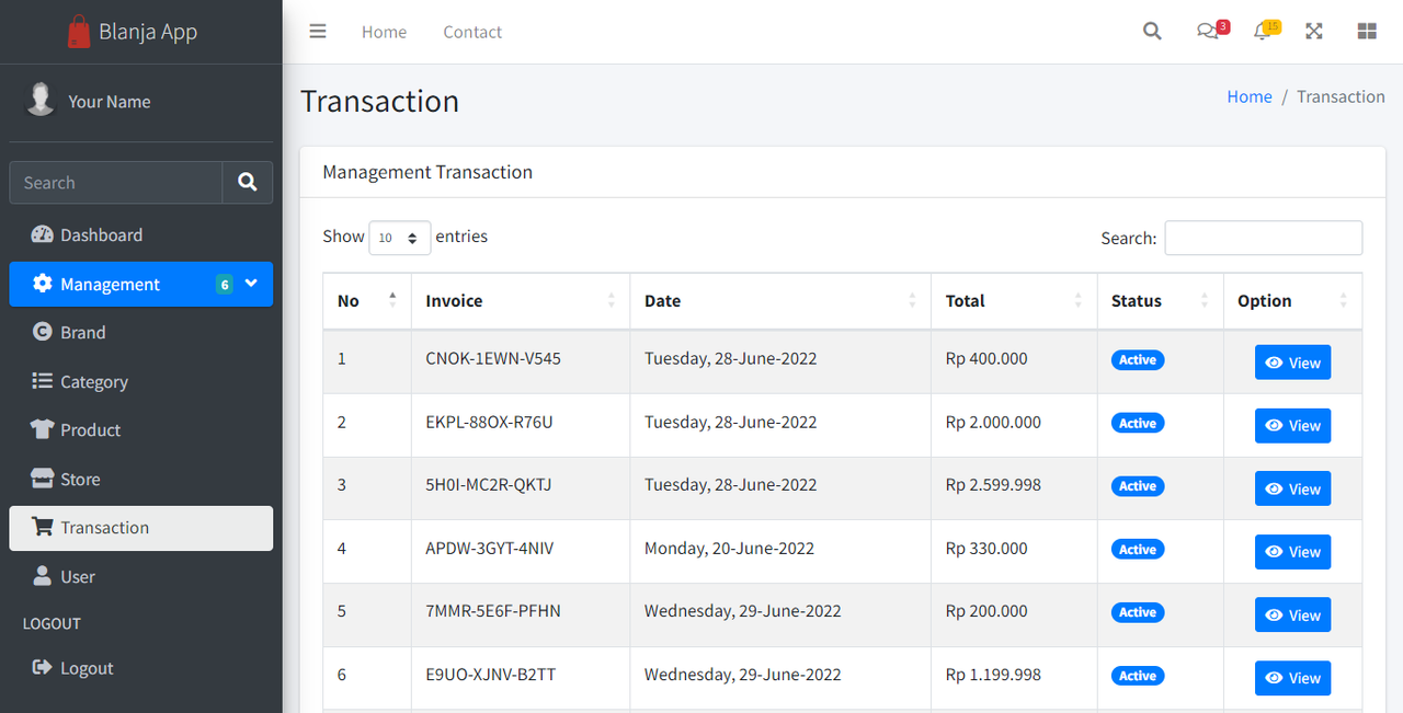 List Transaction Page