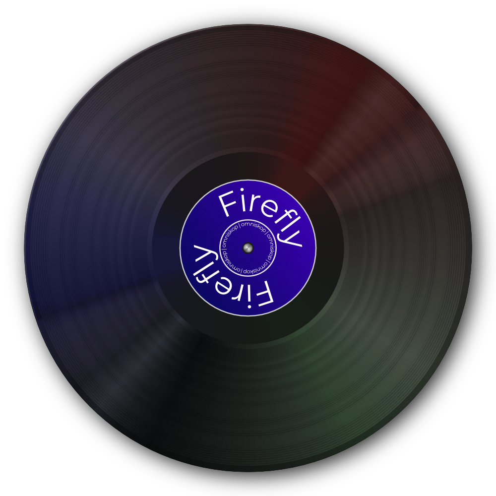 Firefly logo. A vinyl disk with red, green and blue light reflecting off of it.