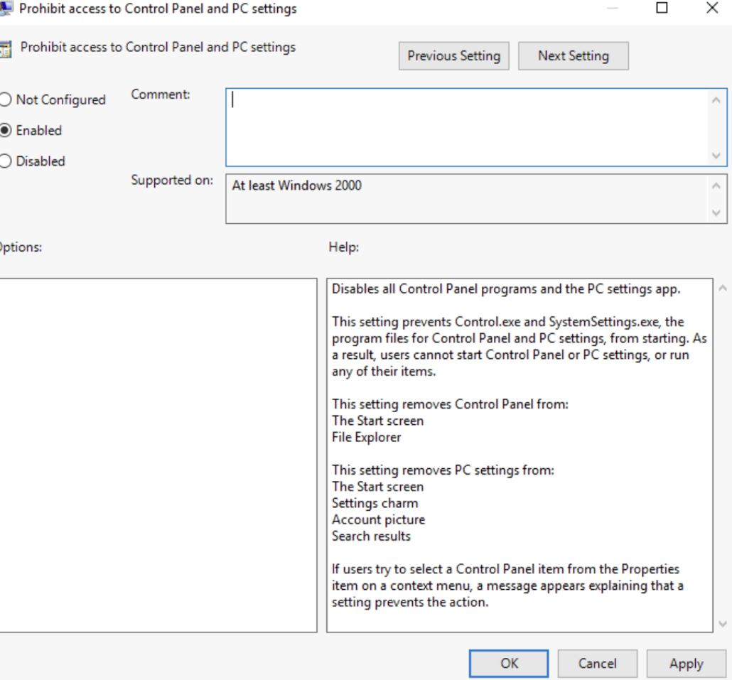 Showing the Prohibit access to control panel and PC settings popup.