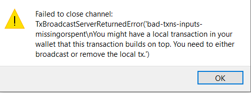 "Failed to close channel" screenshot