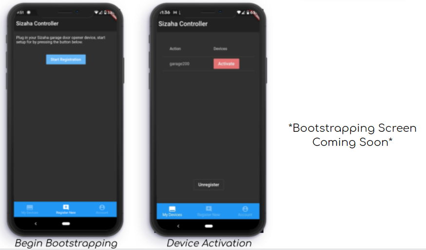 Sizaha App Screens: Start bootstrapping, activation, Boostrapping (coming soon)