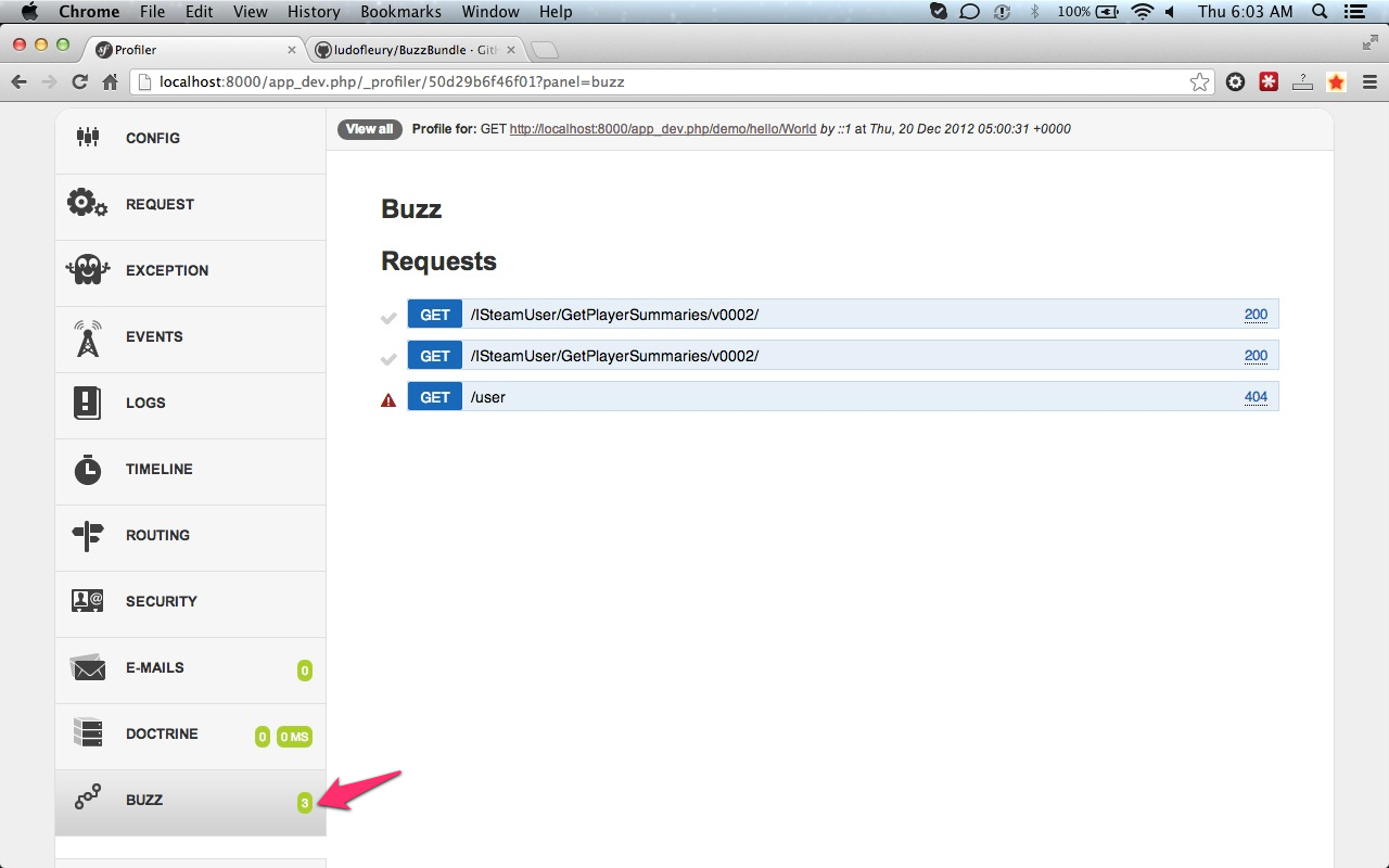 Buzz Symfony web profiler panel