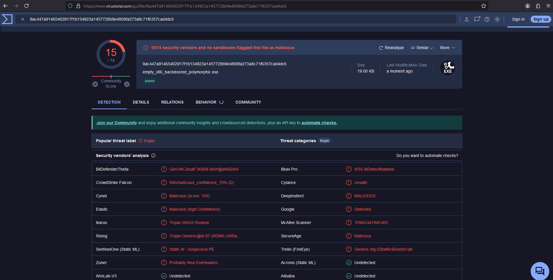 VirusTotal screenshot for x86 backdoored PE with polymorphic shellcode