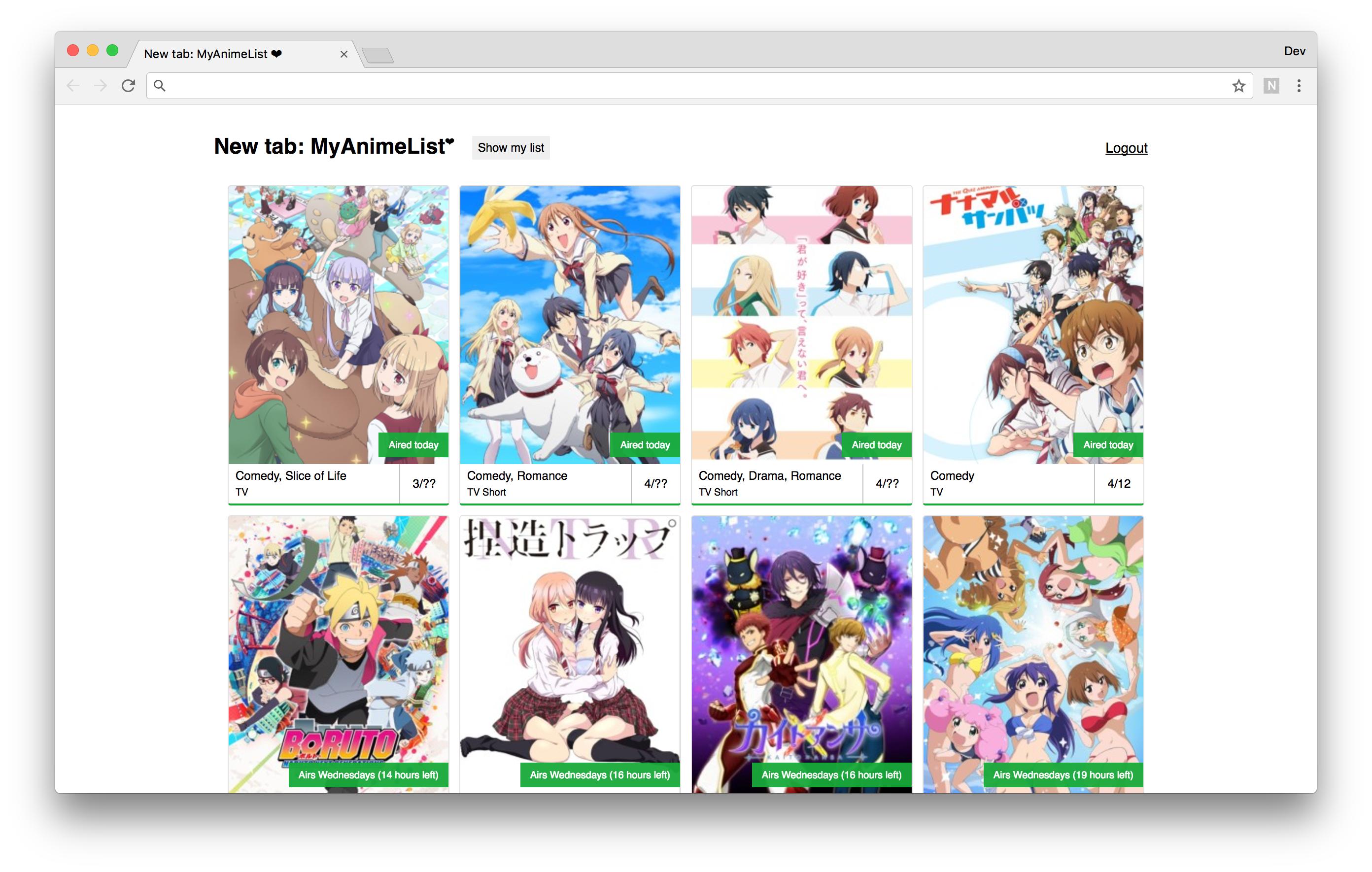 New Tab MyAnimeList - Seasonal shows screen