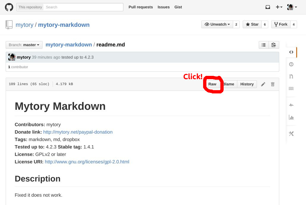 GitHub Usage 2: And click 'Raw' button on your markdown file page like below.