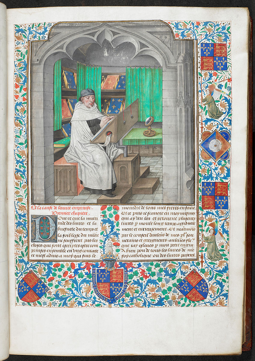 Miniature of Vincent of Beauvais writing in a manuscript of the Speculum Historiale in French, Bruges, c. 1478–1480, British Library Royal 14 E. i, vol. 1, f. 3, probably representing the library of the Dukes of Burgundy.