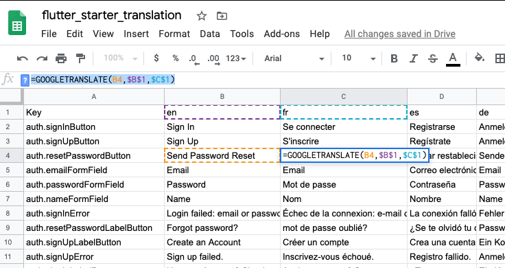 Google Sheets translation file