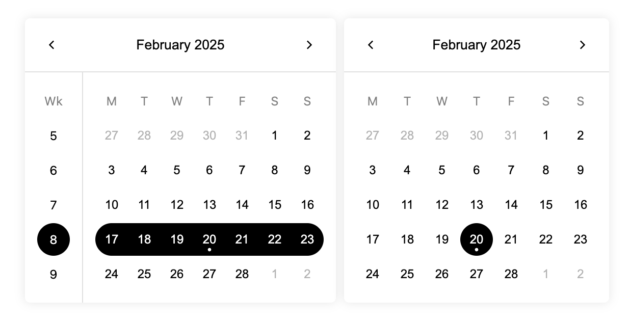 A preview of Datenel components for SingleWeekPicker and SingleDayPicker