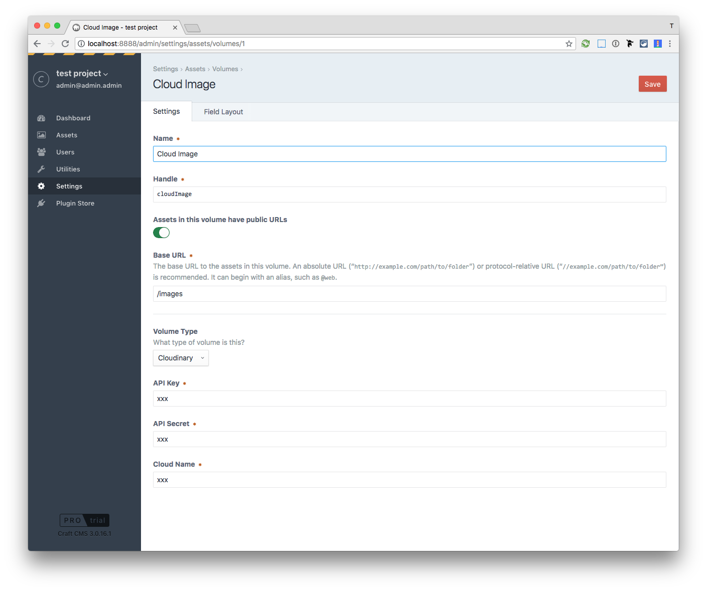 Craft Cloudinary asset volume settings