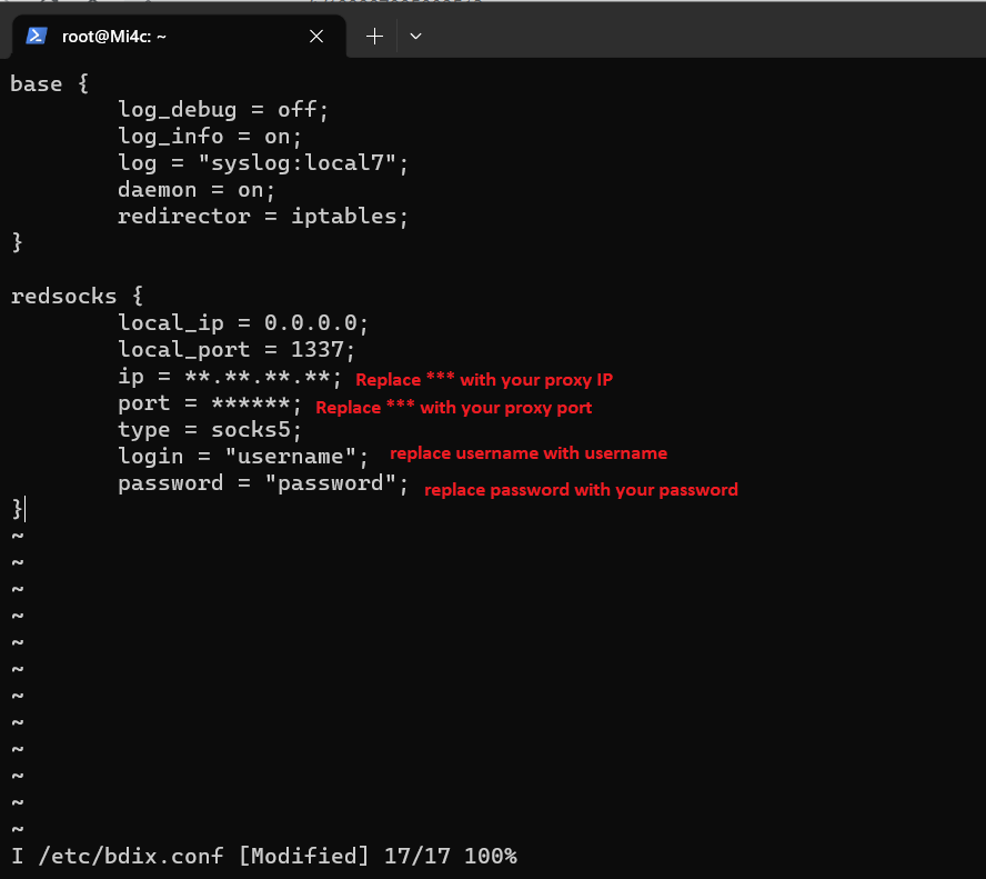 Update proxy IP, Port, Username & Password