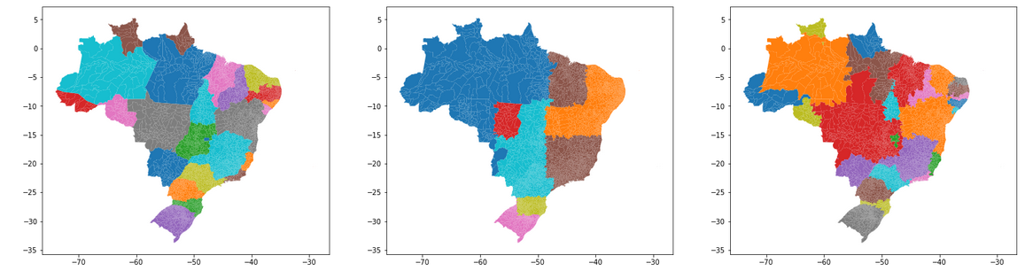 Da esquerda para a direita: Mapa do Brasil verdadeiro, Mapa gerado por um modelo com underfit, Mapa gerado por um modelo com overfit