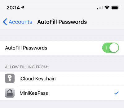 AutoFill Settings in iOS Settings