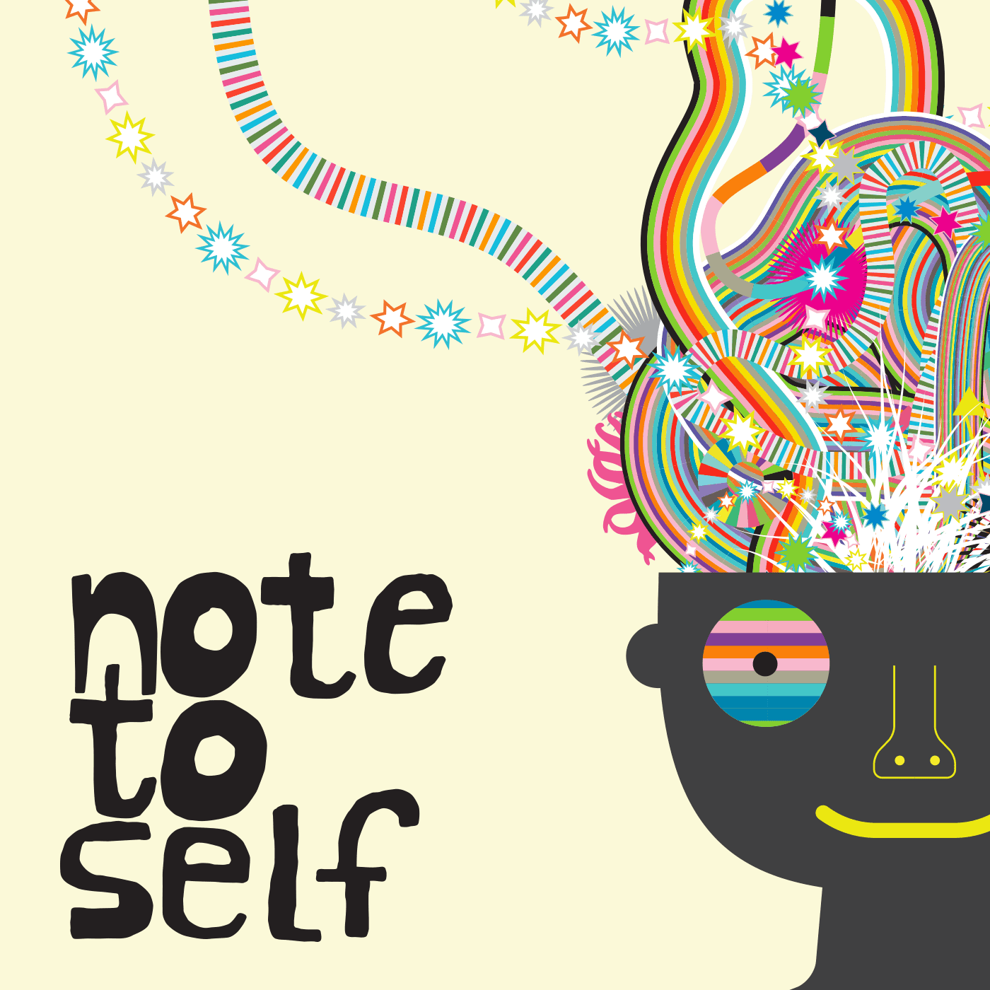 'note to self' written to the left of an illustration. The illustration is of a jet-black colored human-like cartoon figure with colorful explosions of vibrant patterns coming from the top of their head in place of hair. A ribbon-like explosive pattern reaches from the figures head across the span of the logo above the text. The figure's eyes are open wide with small black pupils and colorful horizontal stripes in place of the typical white sclera. The figure has a bright yellow smile.