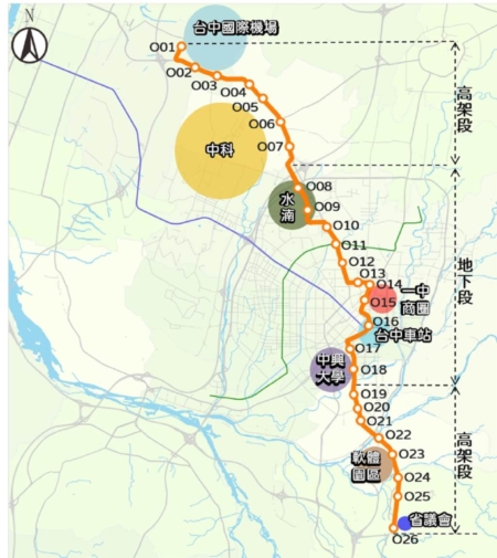 机场捷运(橘线)以台中国际机场为起点，行经大雅市区、水湳经贸园区、一中商圈、台中车站、台中软体园区等地点，终点邻近雾峰区省咨议会，全长约29.23公里，共设26座车站。