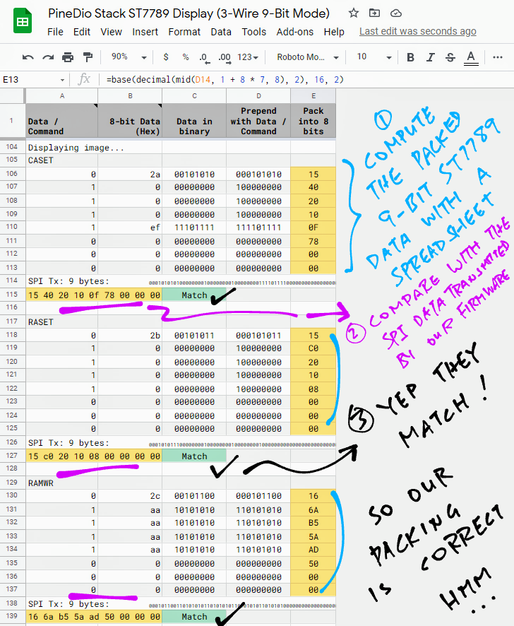 Verify the packed data with a spreadsheet