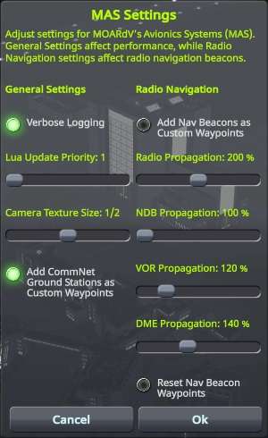 MAS Settings dialog