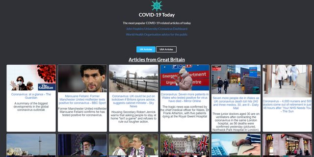 Screenshot of app showing UK articles