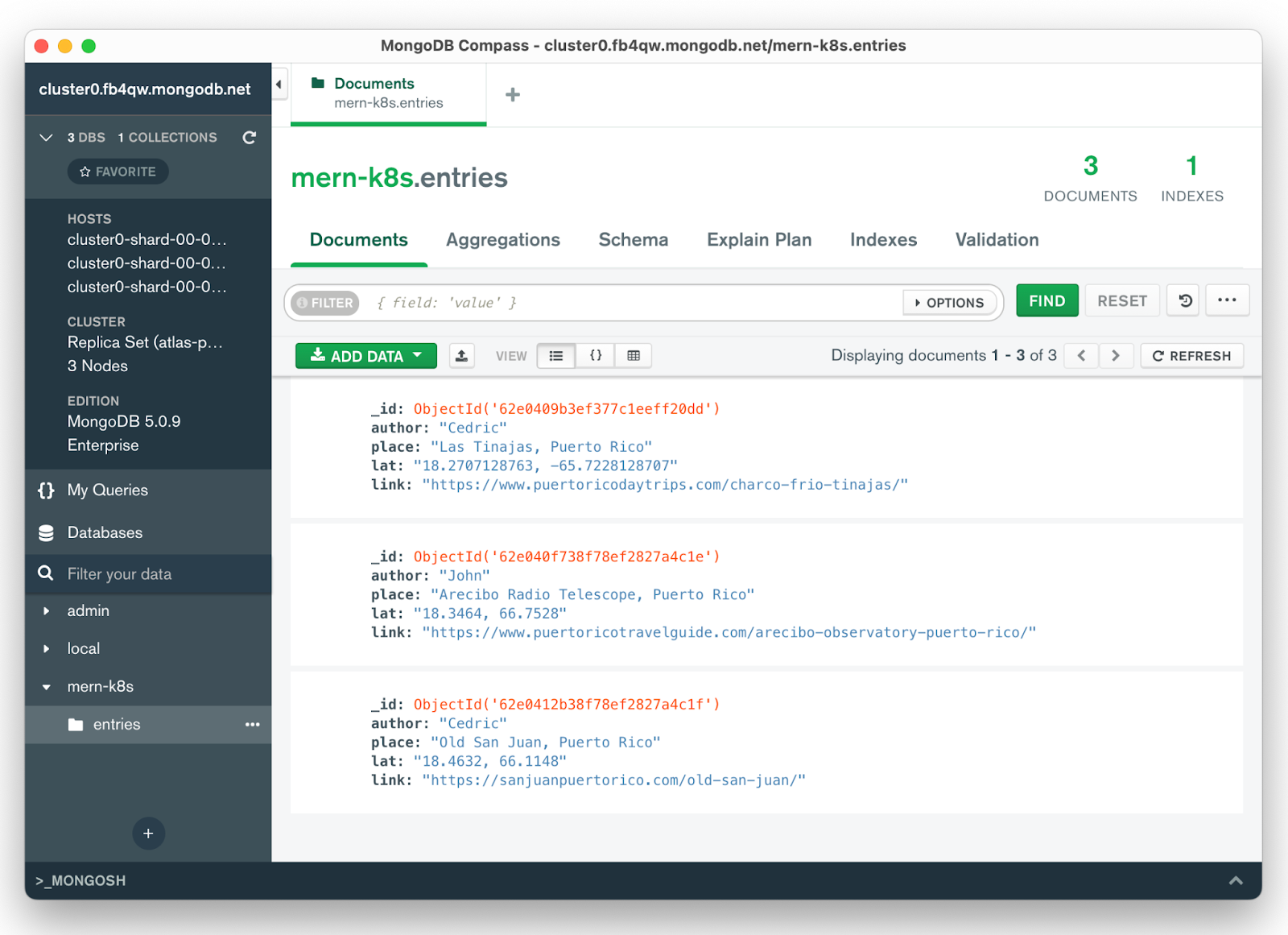 MongoDB Compass connected to our mern-k8s database