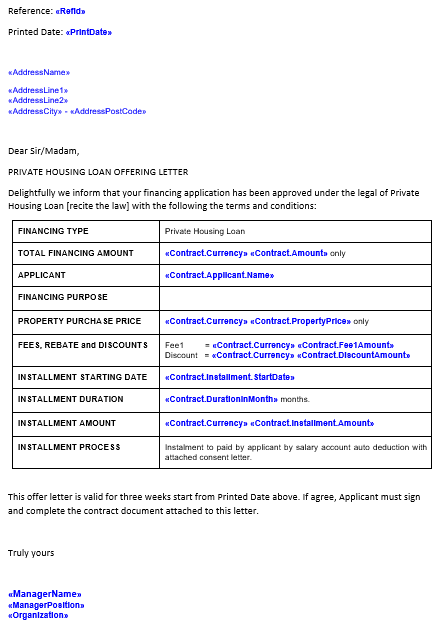 Example of msWord template document with mailmerge fields; ms-donniexyz-poi-azure-function\docs\template\PrivateHousingLoan_OfferLetter.docx