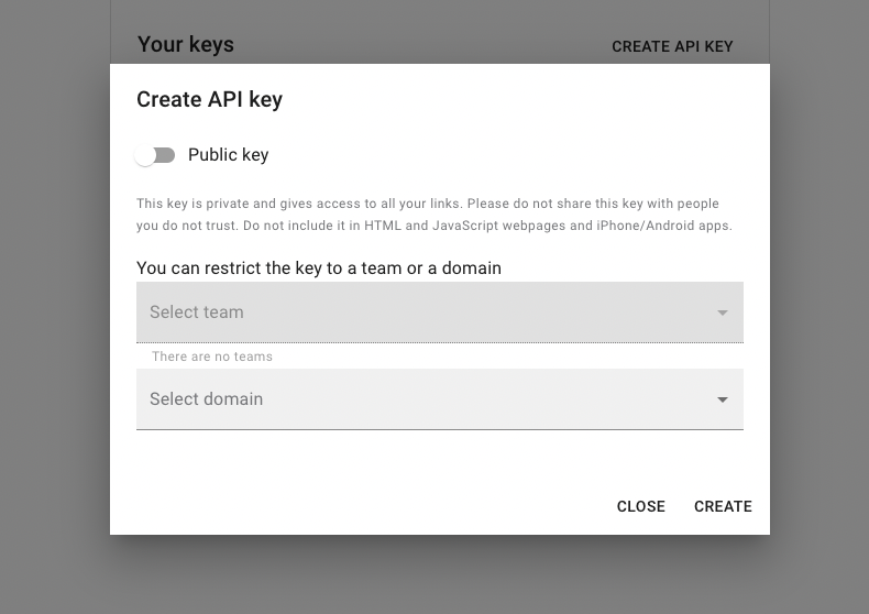 API key creation modal in Short.io