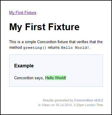 Screenshot of Hello World Fixture Results
