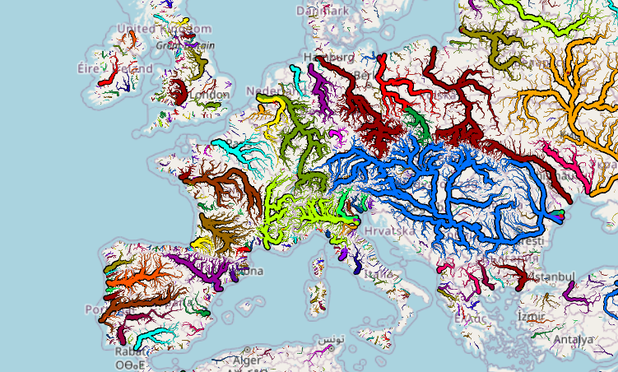 map of europe with all the river basins higlighted