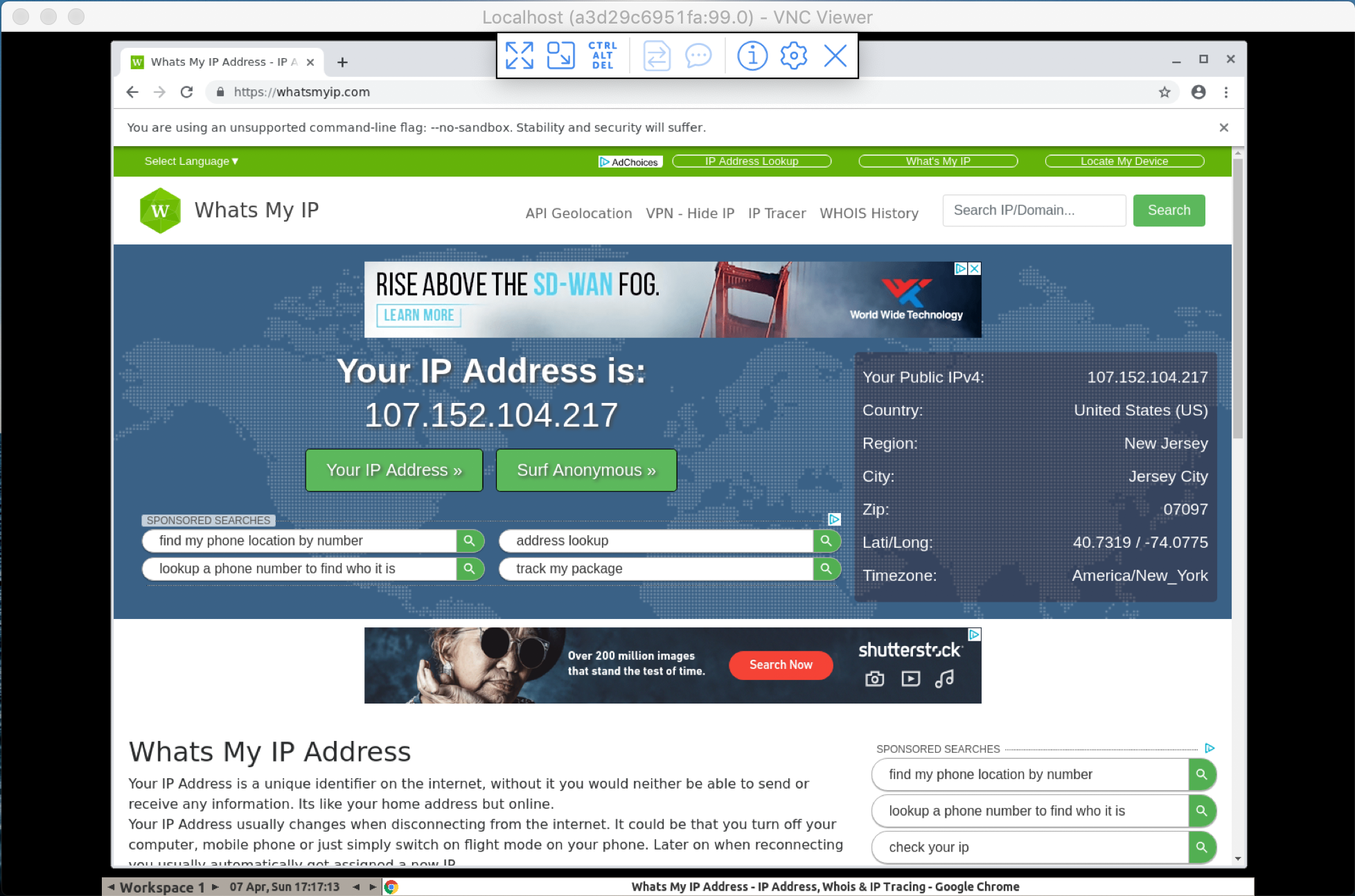 Screenshot of Chrome browser using VPN via VNC