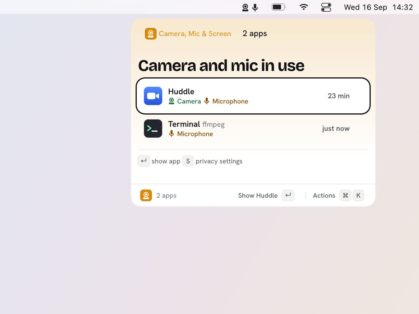 Privacy's bar item: camera and microphone glyphs on the menu
        bar, and a popover naming the apps that hold them