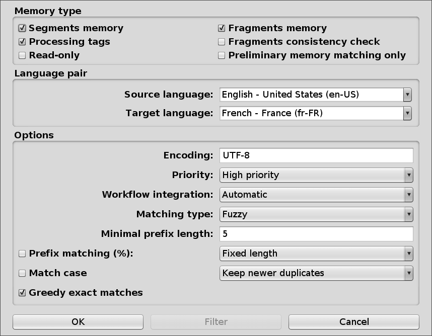 Memory options window