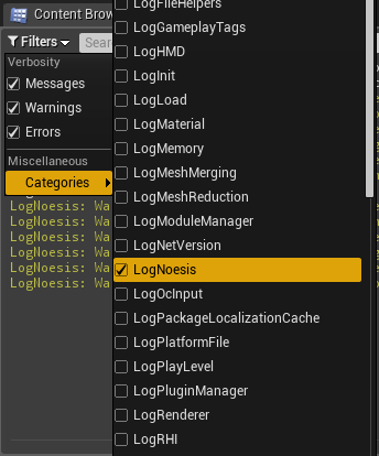 Unreal Engine Output Log categories