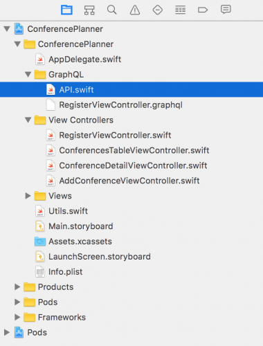 Xcode Project Navigator showing API.swift in the GraphQL group