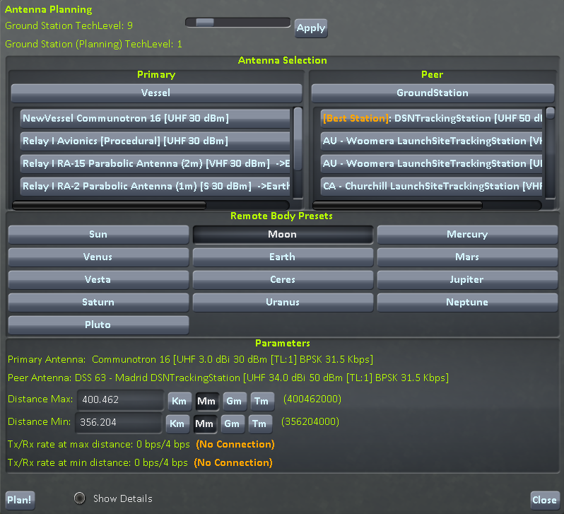 Example planning GUI layout for Earth to Moon