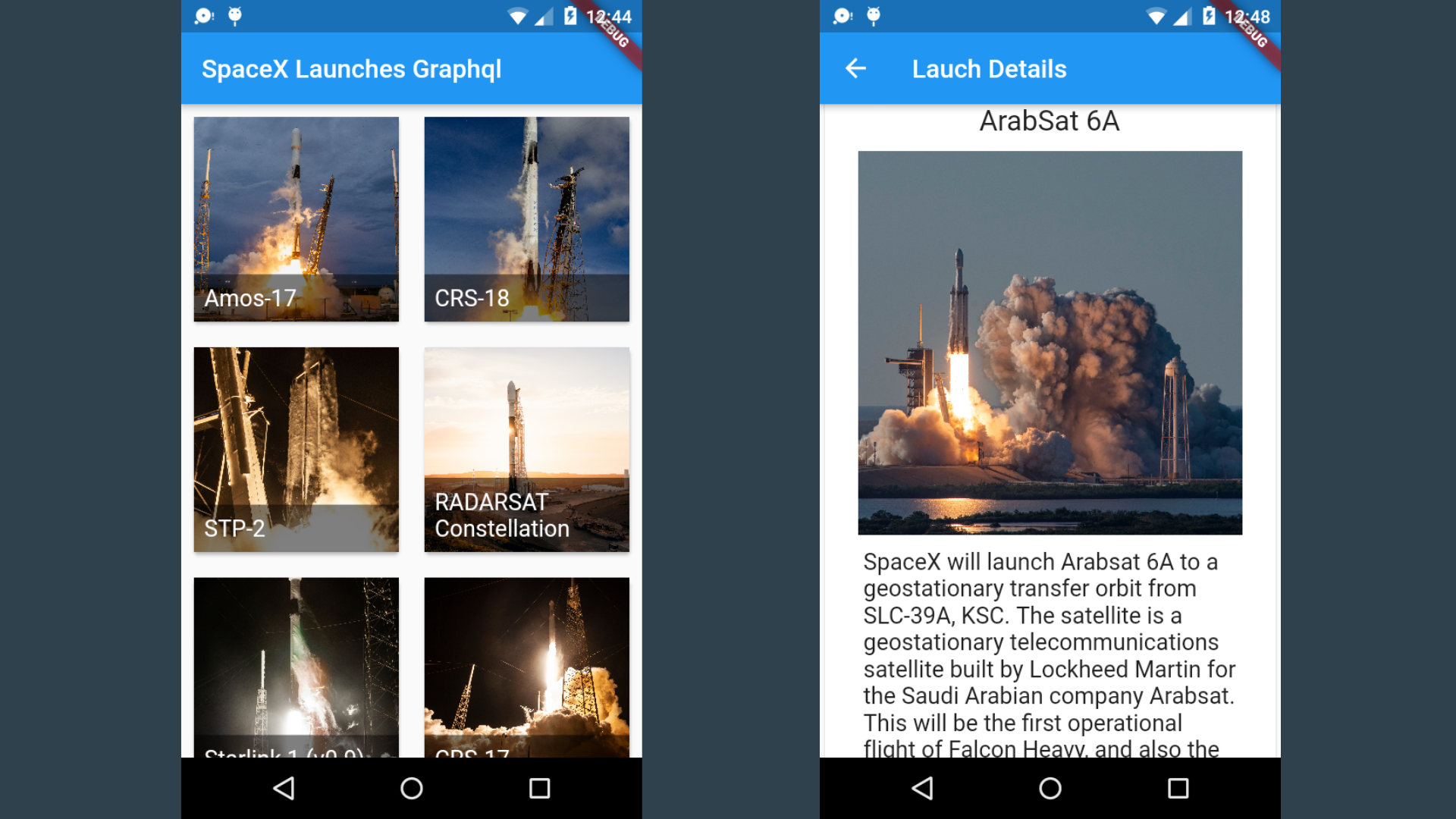 Flutter+Graphql SpaceX screens