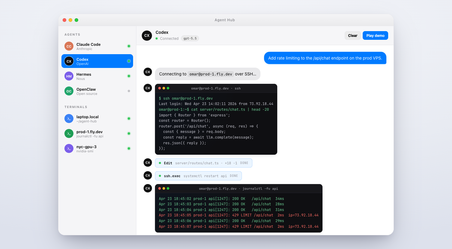 Agent Hub showing Claude Code, Codex, Hermes and OpenClaw threads in one native macOS window