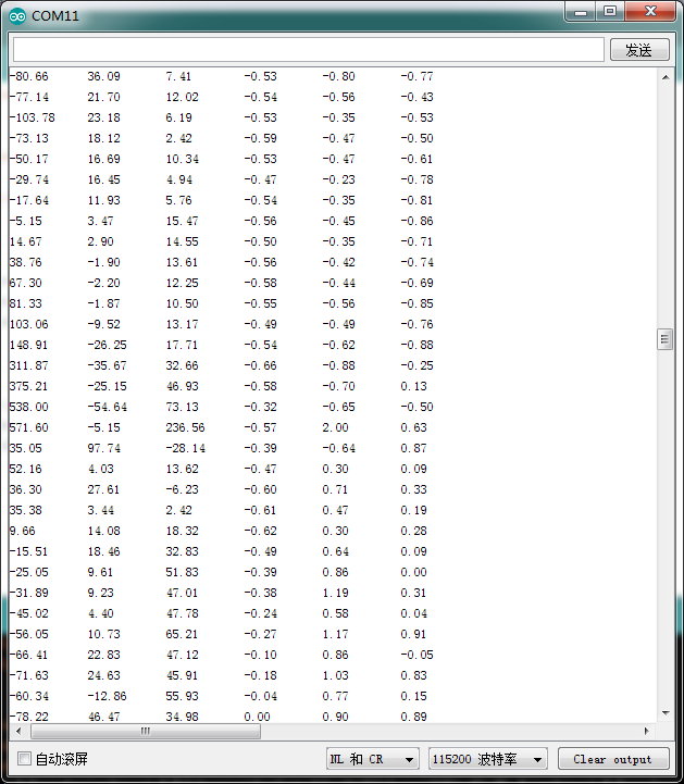  Fig2:Gravity:BMI160 6-axis IMU 加速度陀螺仪 <font color=green>说明：前三列为X轴、Y轴和Z轴方向上陀螺仪的数据，后三列是X轴、Y轴和Z轴方向上加速度的的数据</font> 