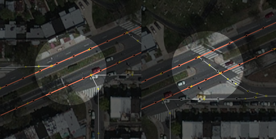 show 2 examples of connecting roads to a carriage way: one connecting to both lanes, one to only one lane