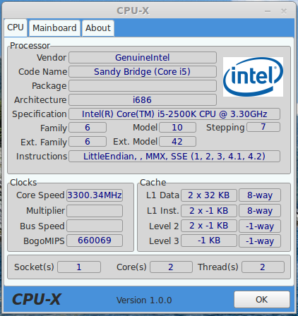 CPU-X on Linux Mint 16 i386 (under VirtualBox), GTK 3.8 (X11)