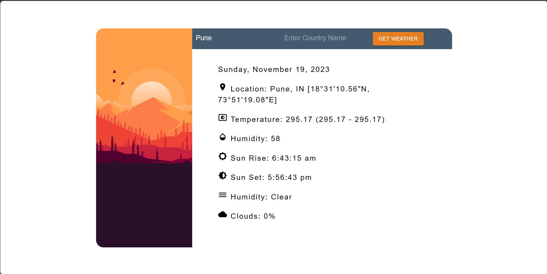 Weather App showing Weather Information of Pune city