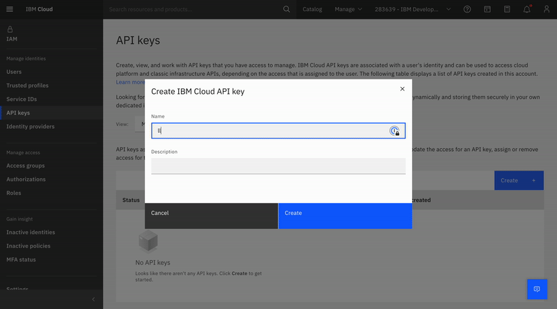 Getting IBM cloud user API key