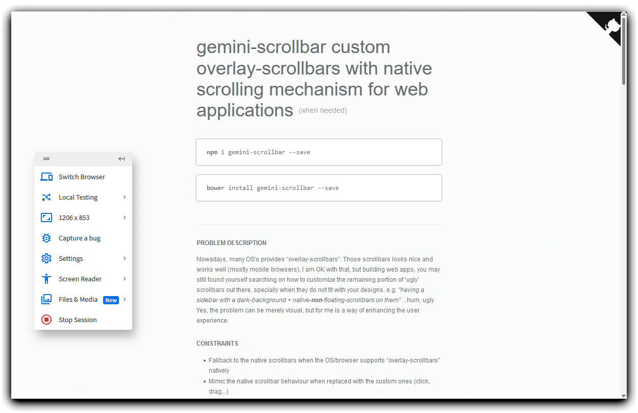 Gemini scrollbar demo page on Firefox 100