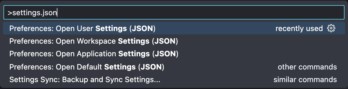 Screenshot of VS Code search results for "settings.json" with the User Settings JSON option highlighted.