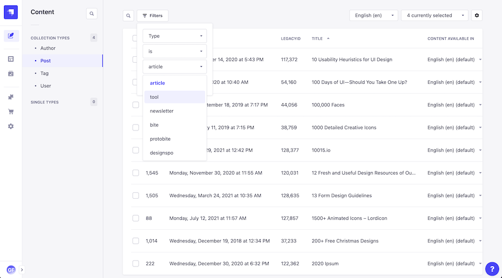 Strapi dashboard showing posts that can be filtered by types such as article or tool