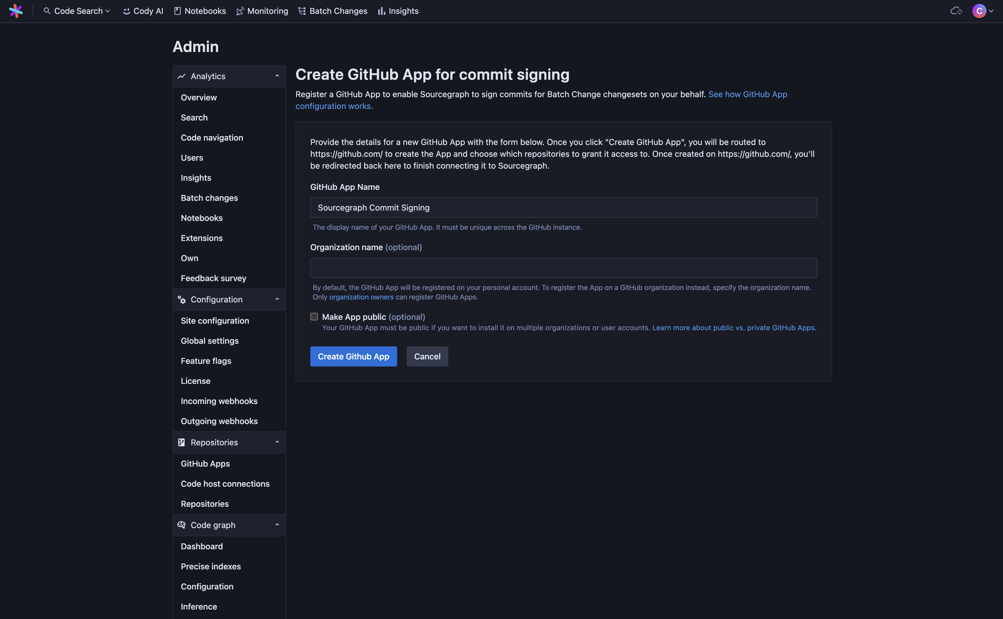 The GitHub App creation page on Sourcegraph, with the default values filled out